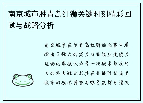 南京城市胜青岛红狮关键时刻精彩回顾与战略分析