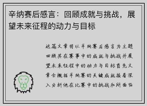 辛纳赛后感言：回顾成就与挑战，展望未来征程的动力与目标